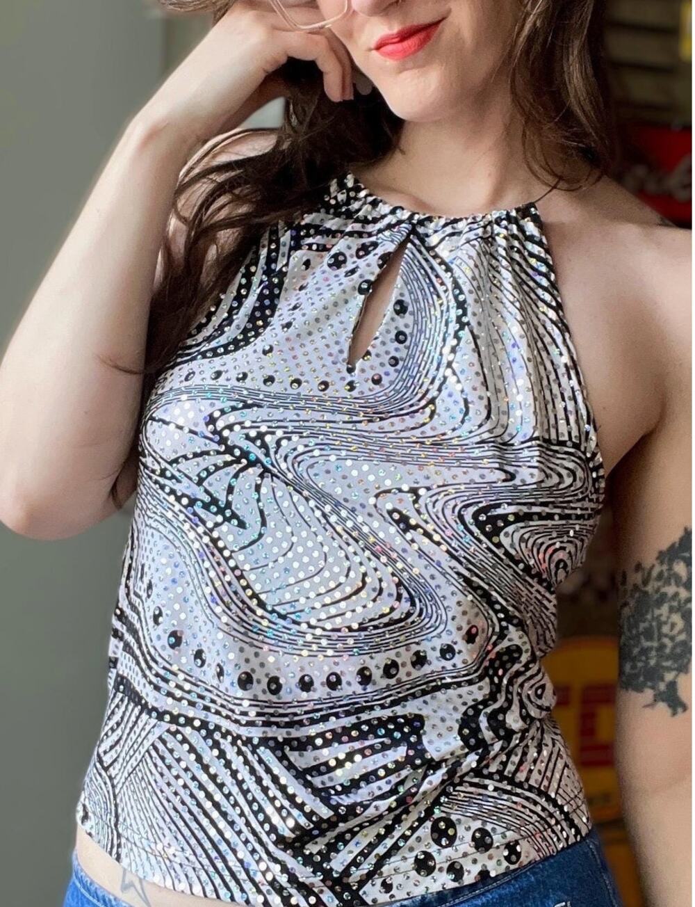 Vintage Y2K Self Esteem Halter Top | Psychedelic Sequin Print Keyhole | Size L